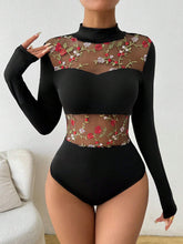 Women's Embroidered Mesh Patchwork Bodysuit With Long Sleeves